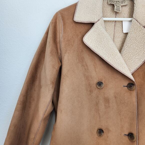 Vintage Jones New York Tan Faux Suede Fur Double Breasted Jacket L - Picture 2 of 8